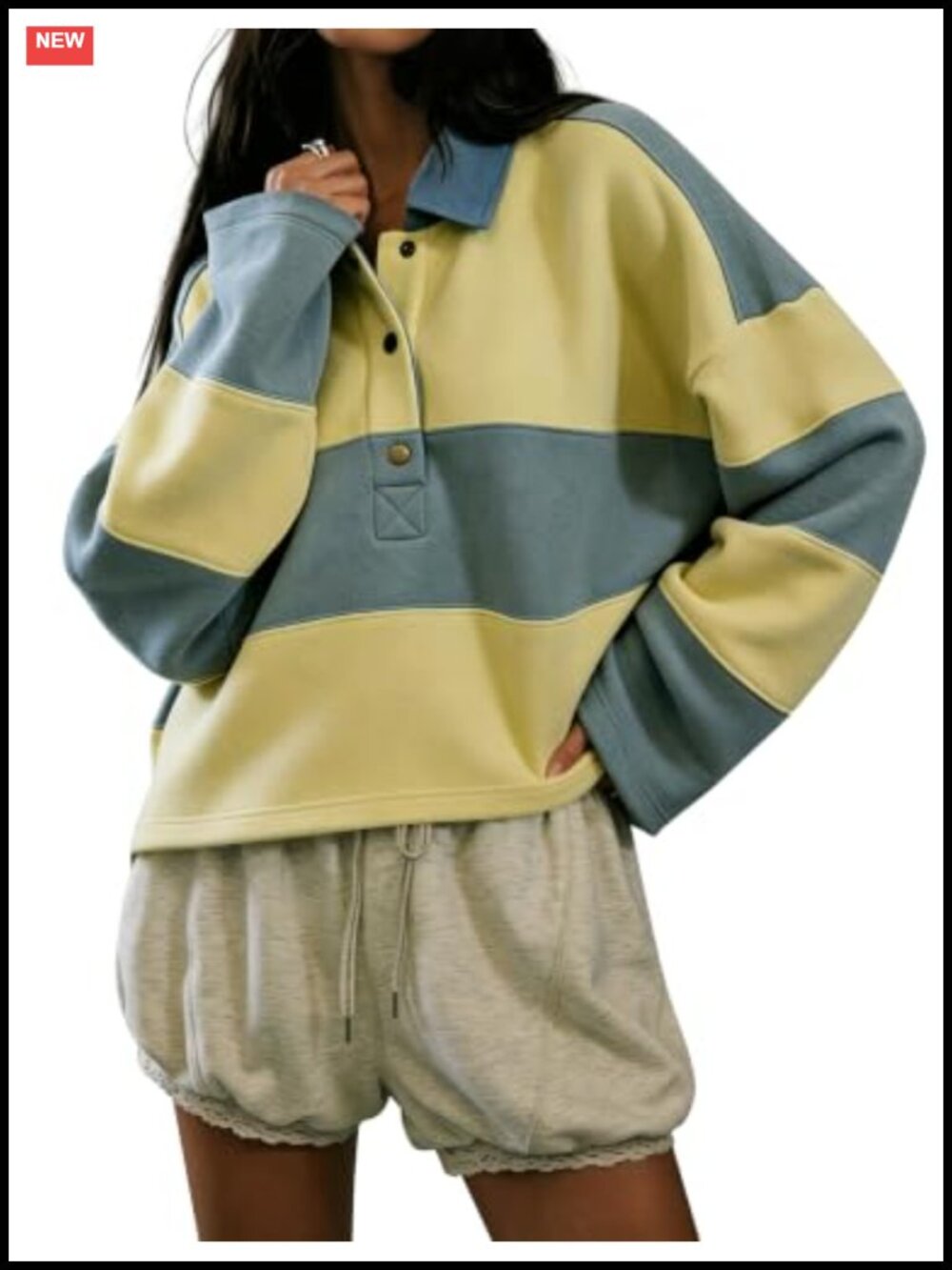 Polo Sweatshirt Cropped Rugby Stripe Drop Shoulder Pullover Preppy